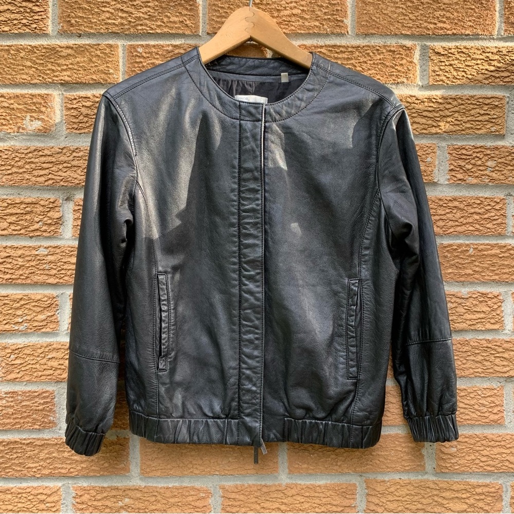 VINCE 100% Leather Bomber Light Jacket Black Mandarin Collar Full Zip Coat XS